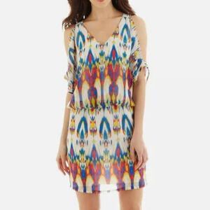 Bisou Bisou Short-Sleeve Open-Shoulder Colorful Patterned Dress in Size 8
